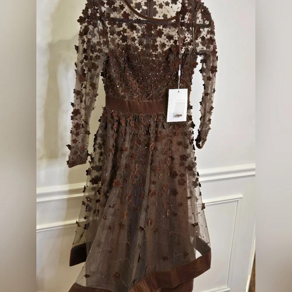 Mac Duggal Long Sleeve Fit & Flare Velvet Embellished Brown Floral Dress sz 2 - Picture 6 of 14